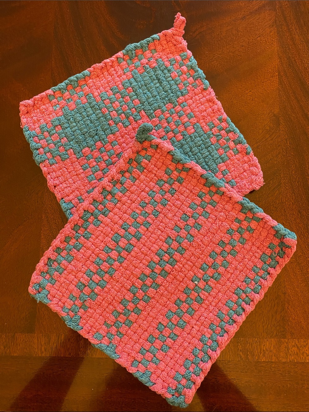 Handmade Woven Hot Pad Set in Pink & Teal